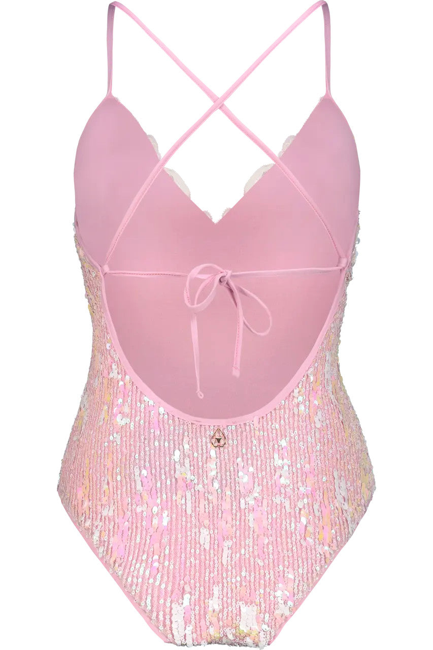 Costume Intero con Paillettes e Rifiniture in Pizzo - Miss Bikini