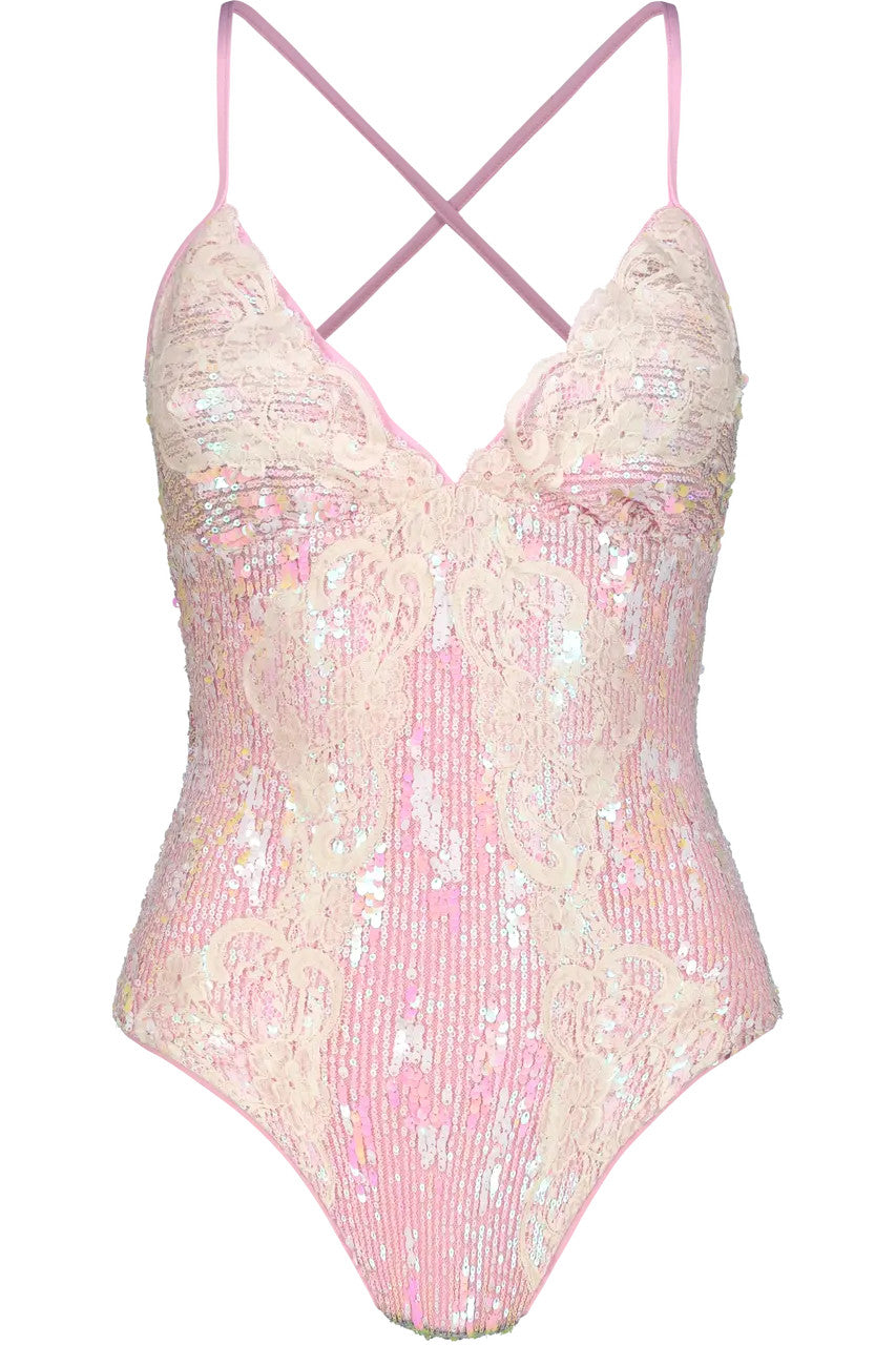 Costume Intero con Paillettes e Rifiniture in Pizzo - Miss Bikini