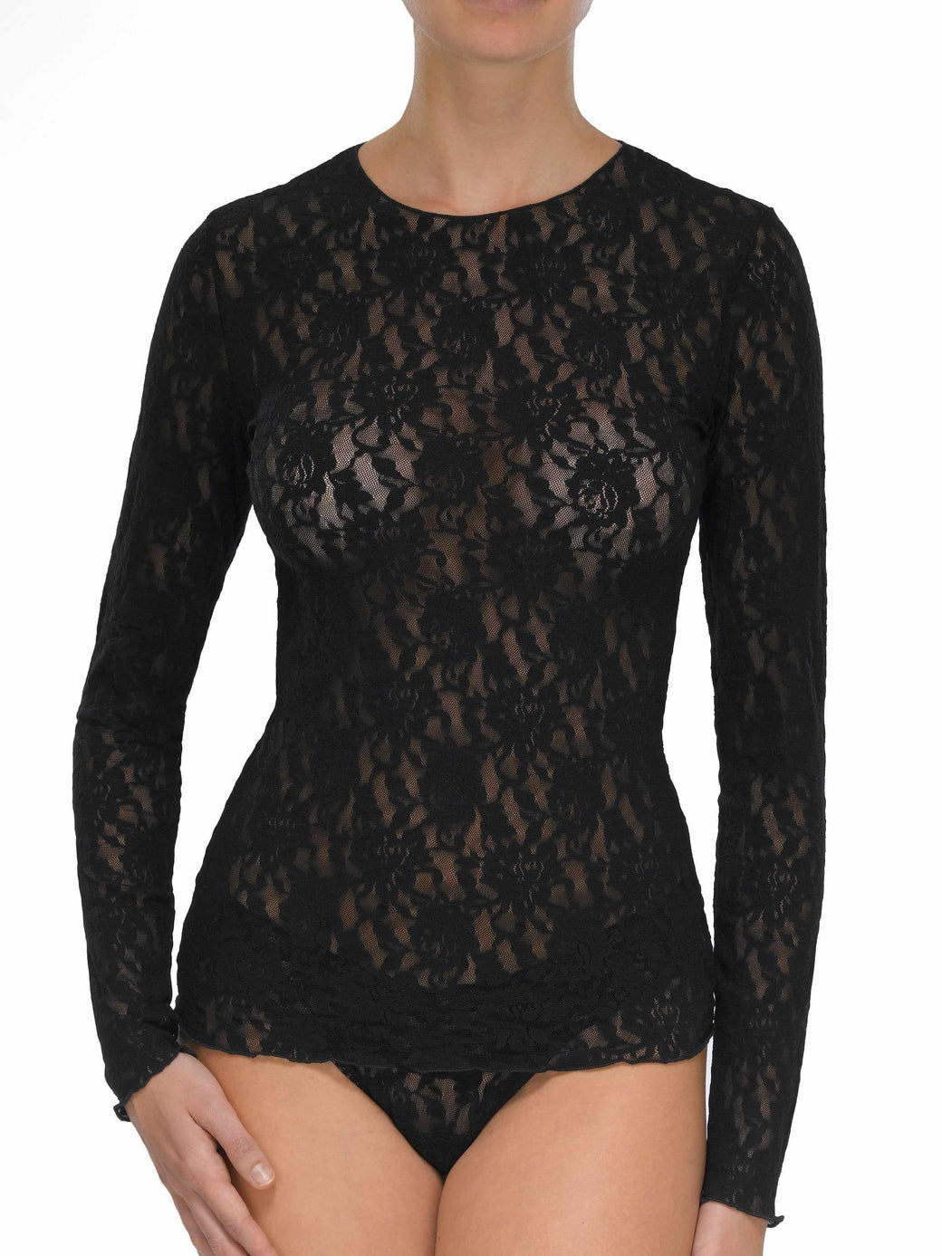 Top in pizzo stretch nero con maniche lunghe