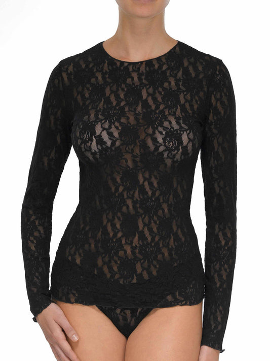 Top in pizzo stretch nero con maniche lunghe