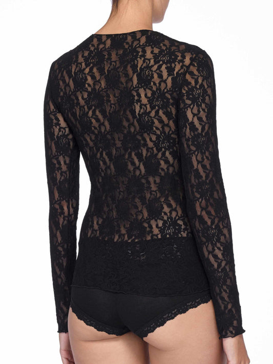Top in pizzo stretch nero con maniche lunghe